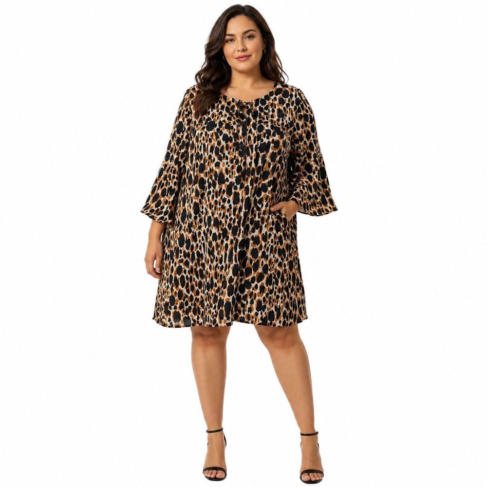Uncle Frank Dress Womens Large Brown Animal Print 3/4 Bell Sleeve Shift Pockets